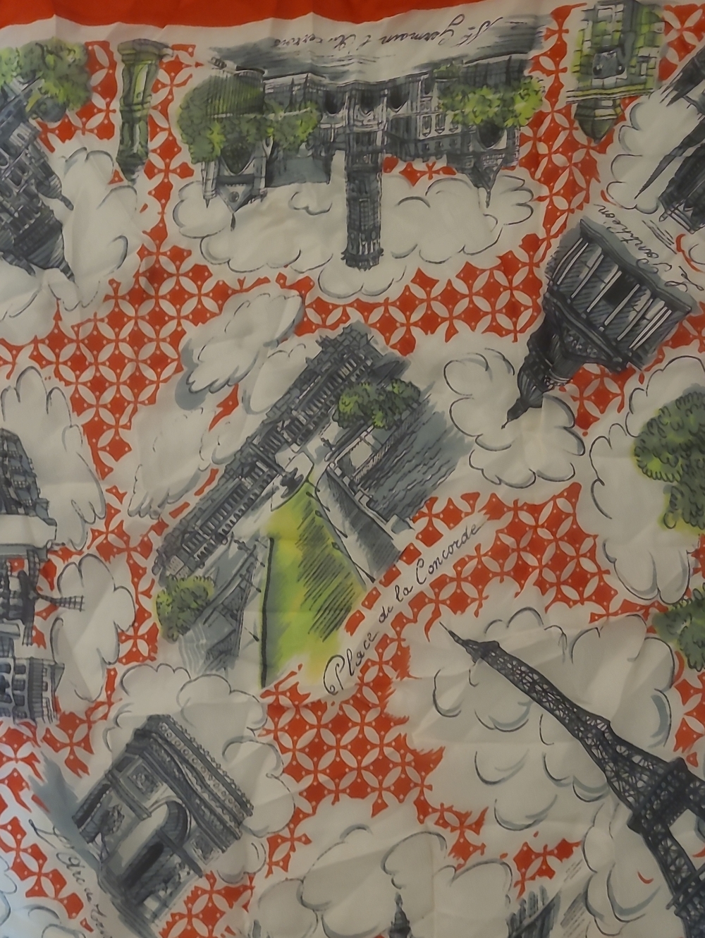 Paris Landmark Printed Silk-Feel Scarf in Orange and White